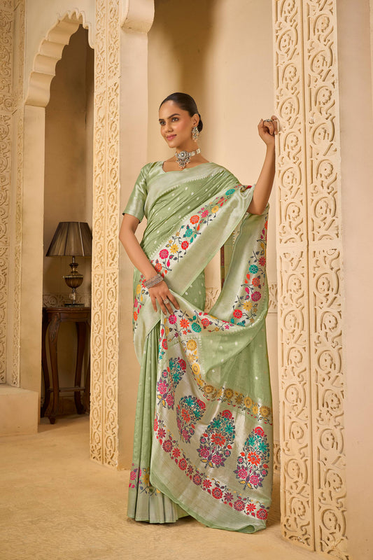 Green Tussar Silk Saree 6050