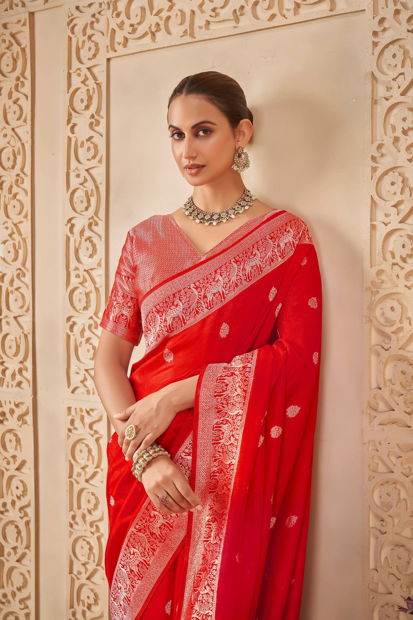 Red Tussar Silk Saree 6088