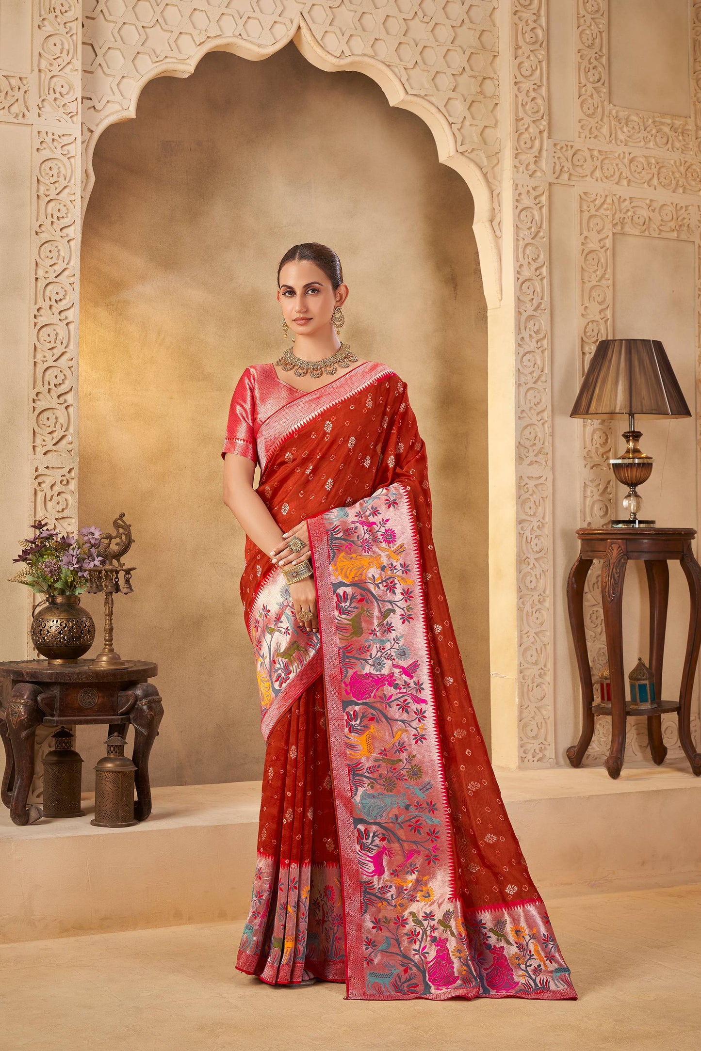Red Pink Tussar Silk Saree 6108