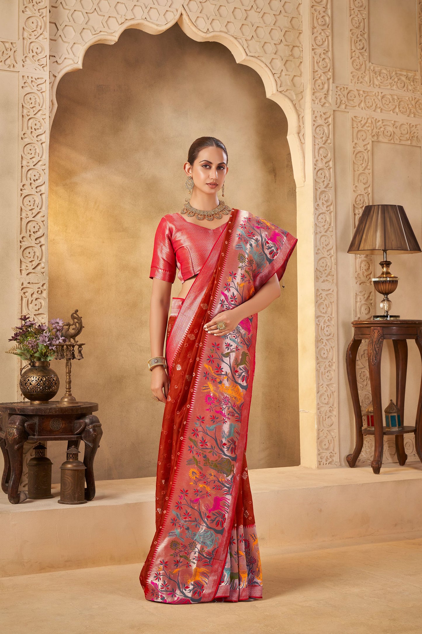 Red Pink Tussar Silk Saree 6108