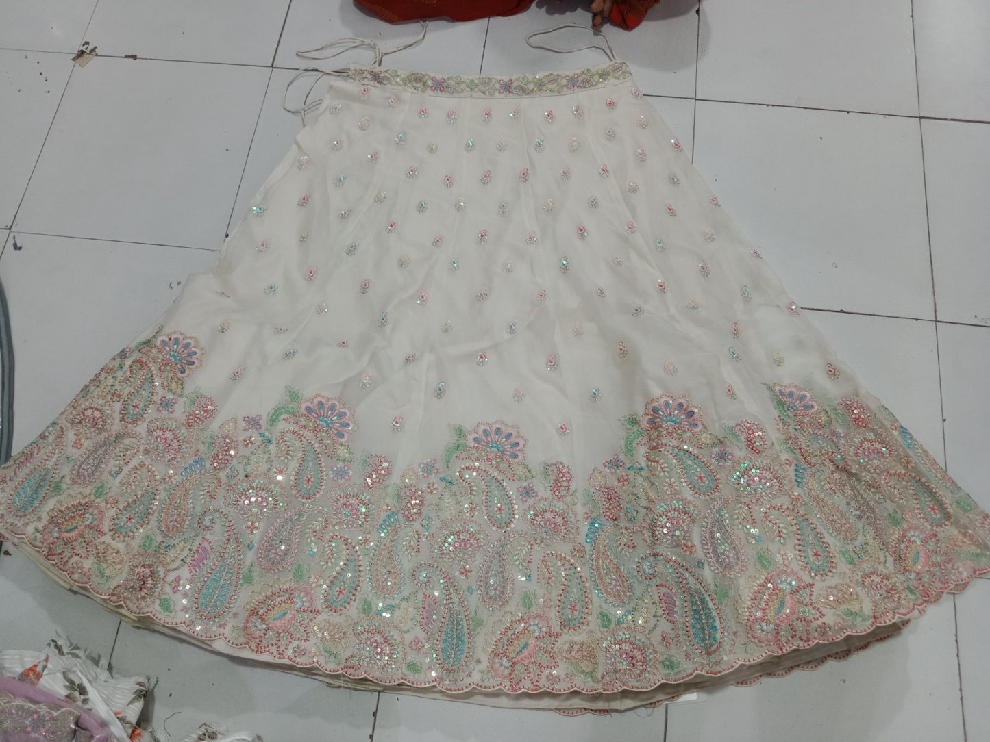 Engaging white pink lehenga Satin Silk Fabric Sequins embroidery