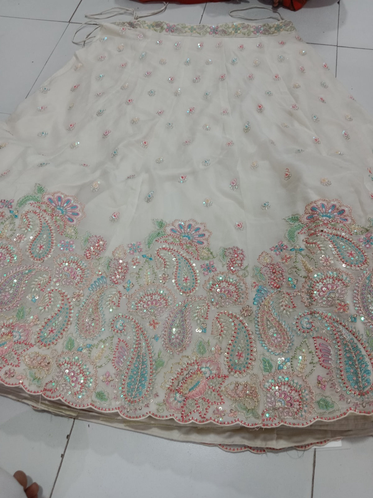 Engaging white pink lehenga Satin Silk Fabric Sequins embroidery