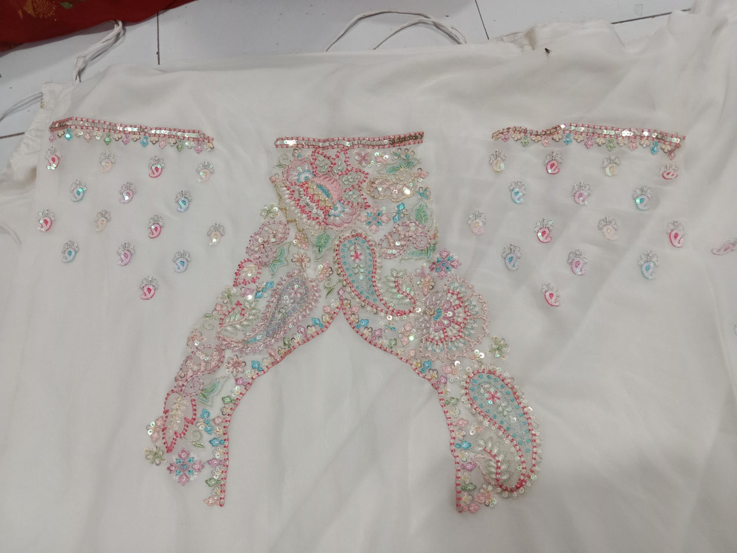 Engaging white pink lehenga Satin Silk Fabric Sequins embroidery