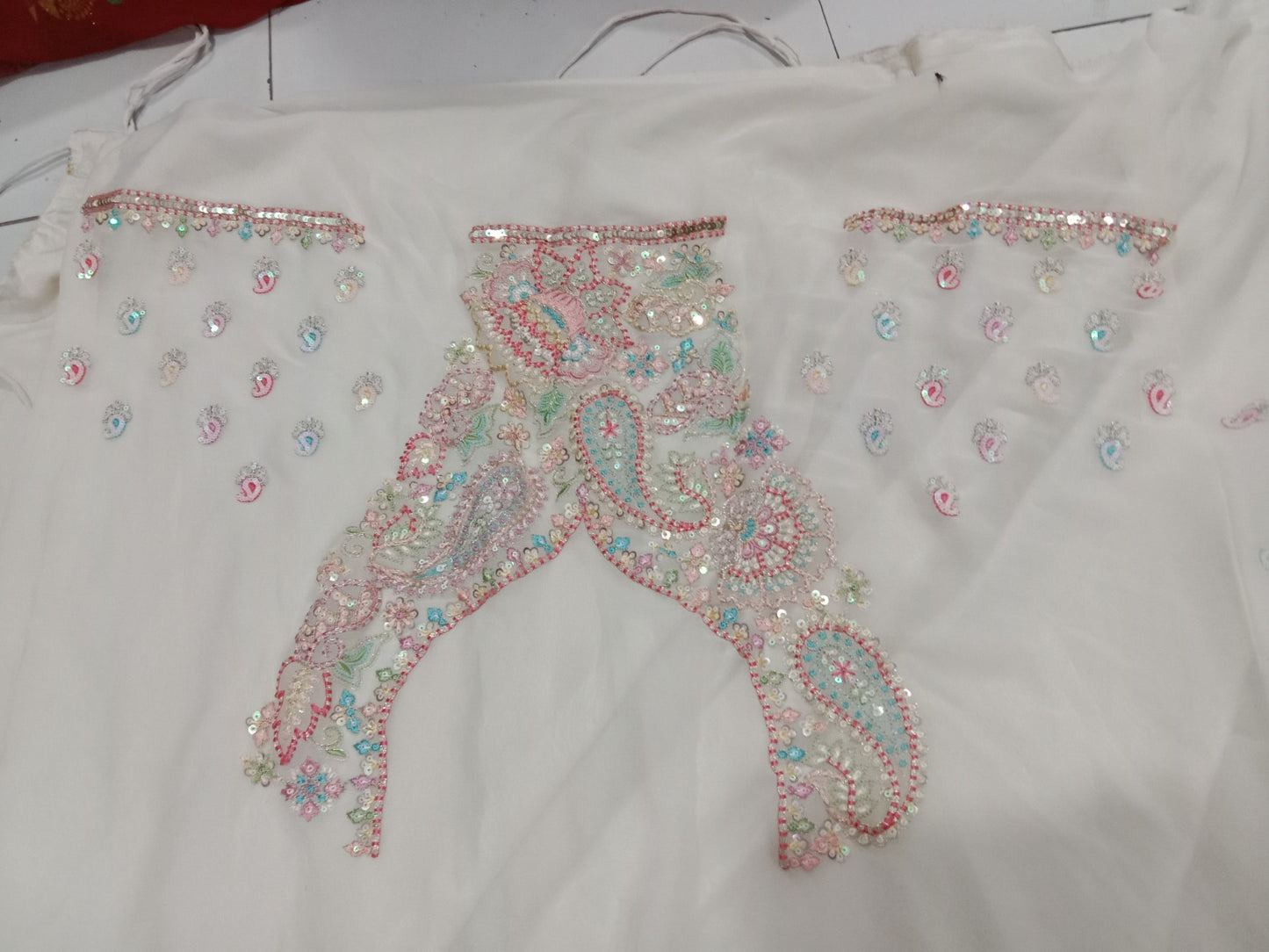 Engaging white pink lehenga Satin Silk Fabric Sequins embroidery