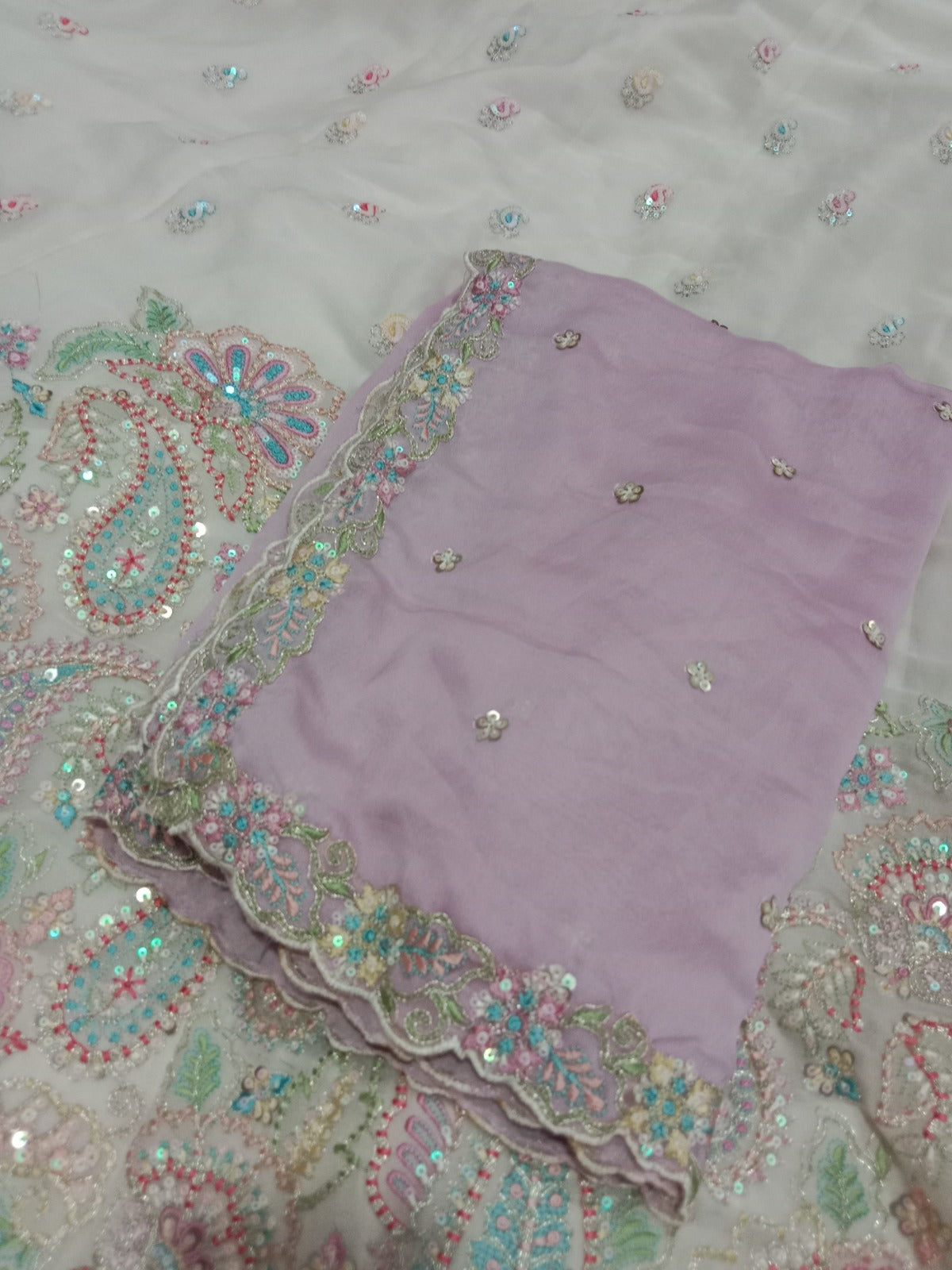 Engaging white pink lehenga Satin Silk Fabric Sequins embroidery