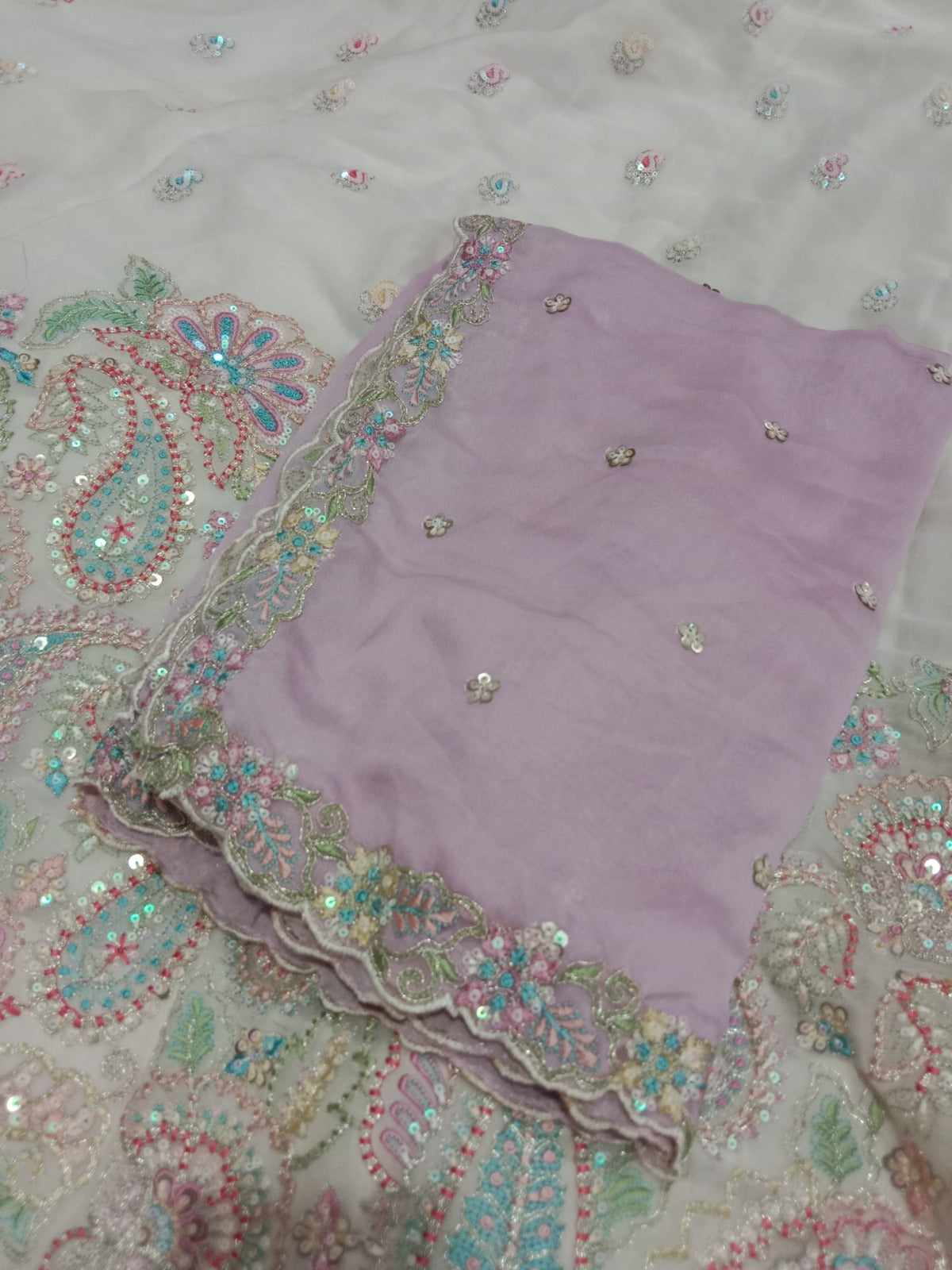 Engaging white pink lehenga Satin Silk Fabric Sequins embroidery