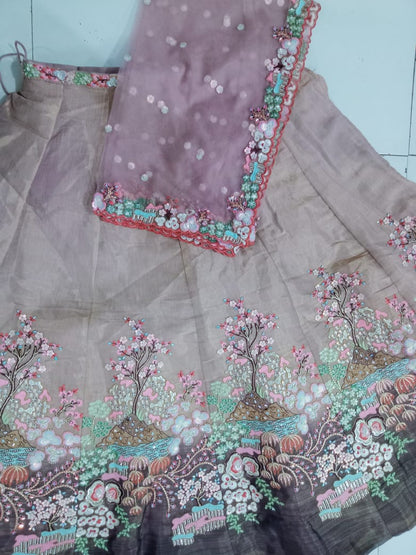 Purple Multi-Color Net Fabric Sequins Work Heavy Floral Embroidered Lehenga