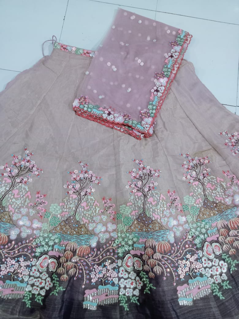 Purple Multi-Color Net Fabric Sequins Work Heavy Floral Embroidered Lehenga