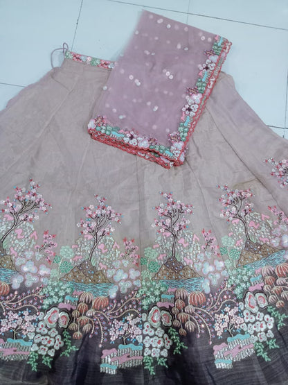 Purple Multi-Color Net Fabric Sequins Work Heavy Floral Embroidered Lehenga