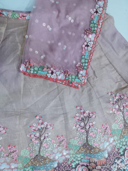 Purple Multi-Color Net Fabric Sequins Work Heavy Floral Embroidered Lehenga