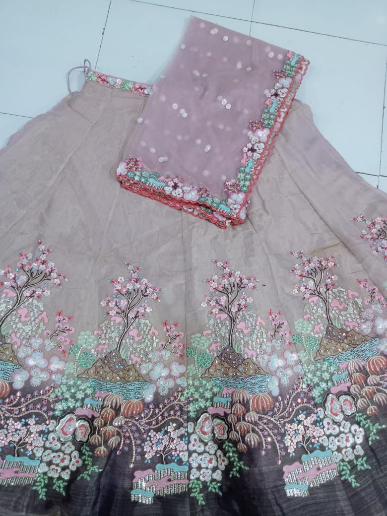 Purple Multi-Color Net Fabric Sequins Work Heavy Floral Embroidered Lehenga