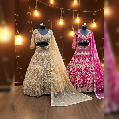 अद्भुत गुलाबी नारंगी नीला बैंगनी सुनहरा चीकू क्रॉप टॉप लहंगा