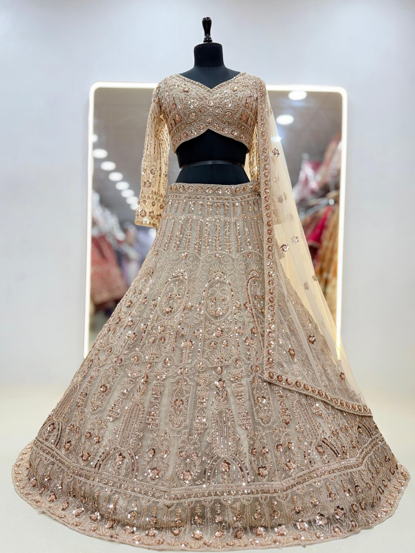 Pista green net crop top lehenga