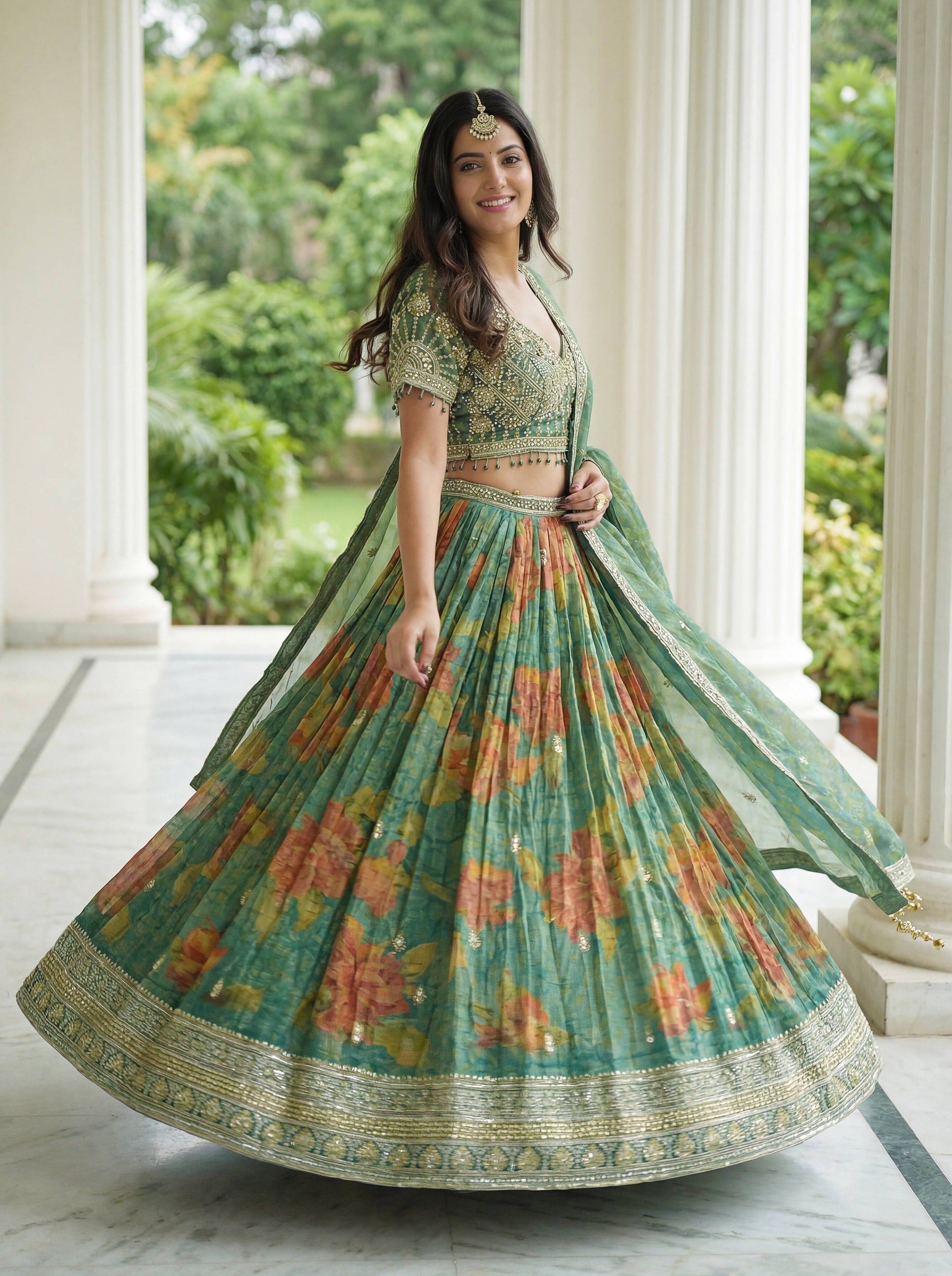 Green Mehendi ORGANZA BEAD WORK Lehenga 301 - Shopping World