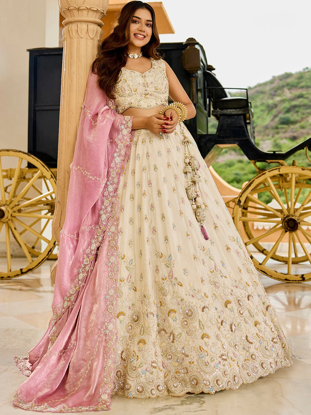 Tissue Fabric Beads & Sequence Embroidered Pink Lehenga Choli & Dupatta