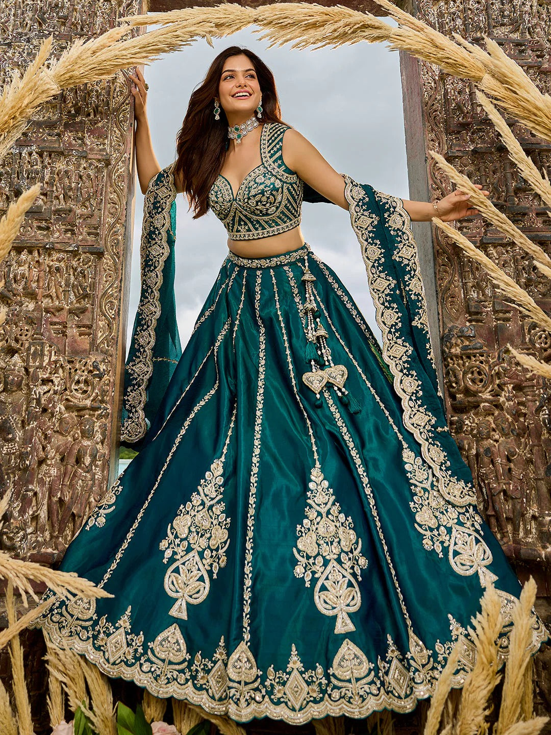 Silk Fabric Beads & Sequins green Embroidery Lehenga Choli