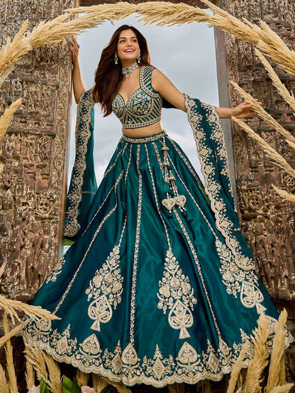 Silk Fabric Beads & Sequins green Embroidery Lehenga Choli