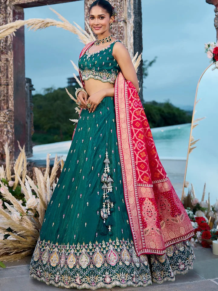 Tissue Fabric Beads & Sequence Embroidered green Lehenga Choli & Dupatta