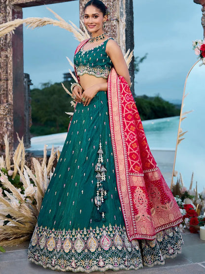 Tissue Fabric Beads & Sequence Embroidered green Lehenga Choli & Dupatta