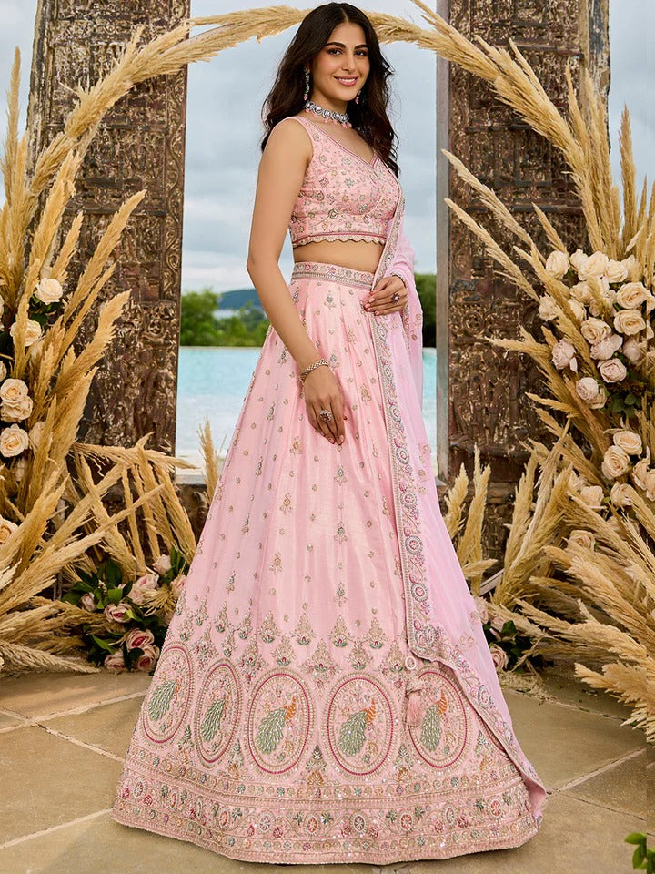 Silk Fabric Beads & Sequence Embroidered Pink Lehenga Choli & Dupatta