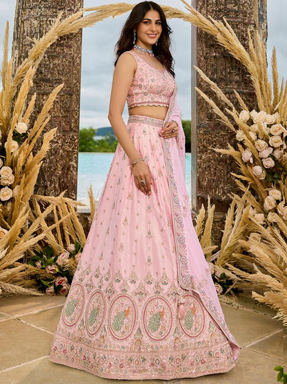 Silk Fabric Beads & Sequence Embroidered Pink Lehenga Choli & Dupatta