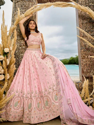 Tissue Fabric Beads & Sequence Embroidered Pink Lehenga Choli & Dupatta