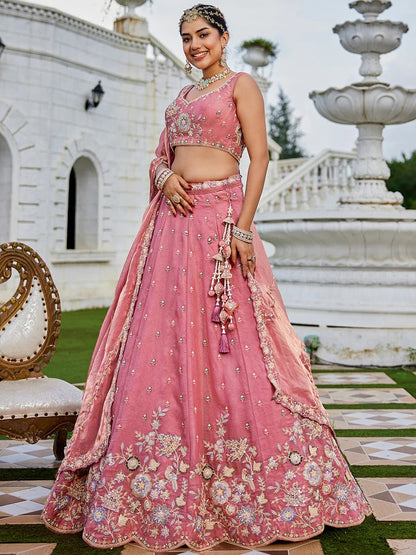 Tissue Fabric Beads & Sequence Embroidered pink Lehenga Choli & Dupatta