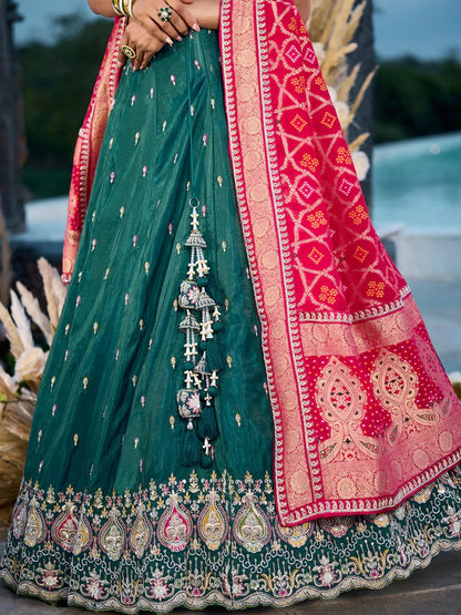 Tissue Fabric Beads & Sequence Embroidered green Lehenga Choli & Dupatta