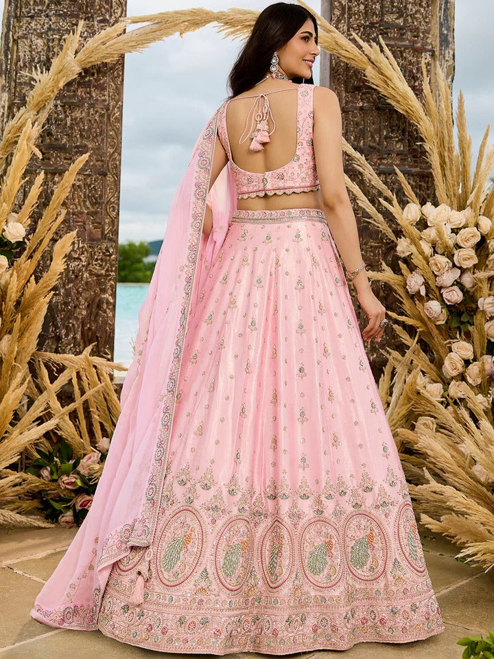 Silk Fabric Beads & Sequence Embroidered Pink Lehenga Choli & Dupatta