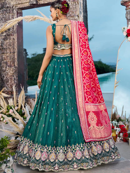 Tissue Fabric Beads & Sequence Embroidered green Lehenga Choli & Dupatta