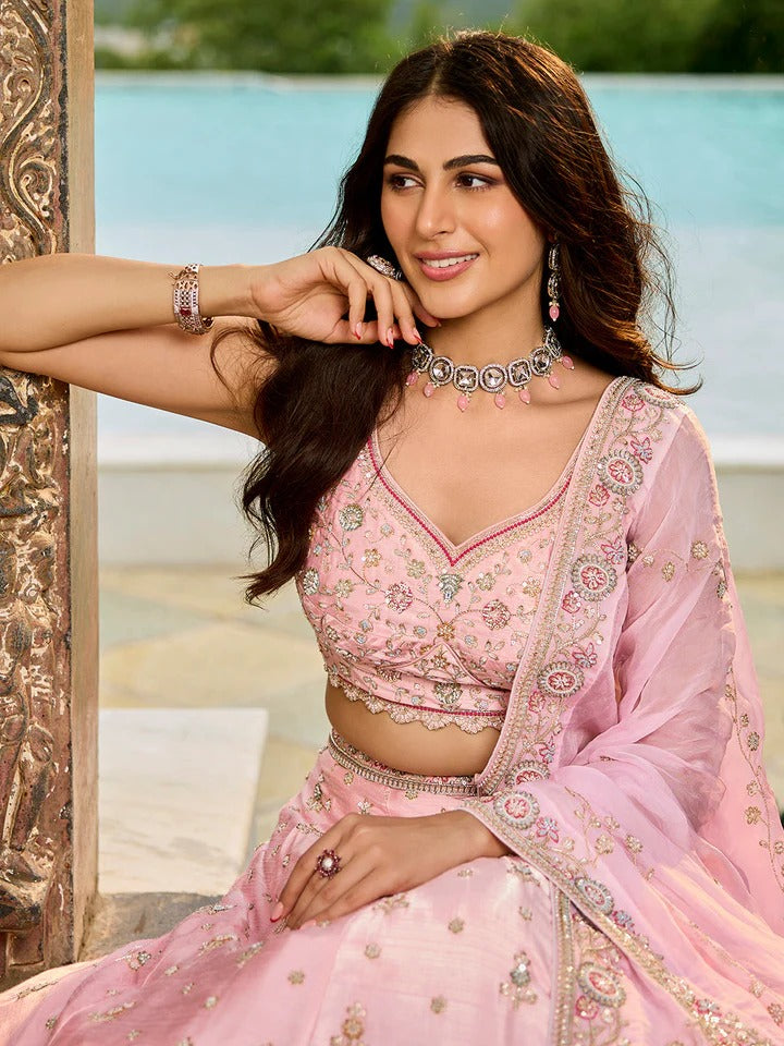 Silk Fabric Beads & Sequence Embroidered Pink Lehenga Choli & Dupatta