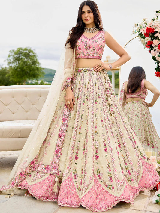 Pink cream White Sequins embroidery Tissue Lehenga 6113
