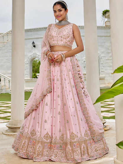 Silk Fabric Beads & Sequence Embroidered Light pink Lehenga Choli