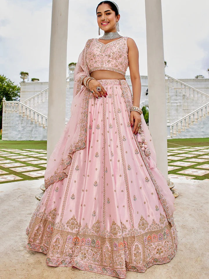 Silk Fabric Beads & Sequence Embroidered Light pink Lehenga Choli