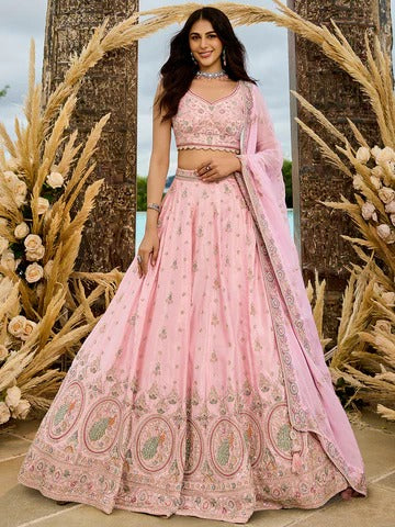 Silk Fabric Beads & Sequence Embroidered Pink Lehenga Choli & Dupatta