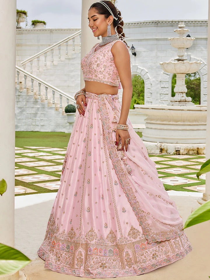 Silk Fabric Beads & Sequence Embroidered Light pink Lehenga Choli
