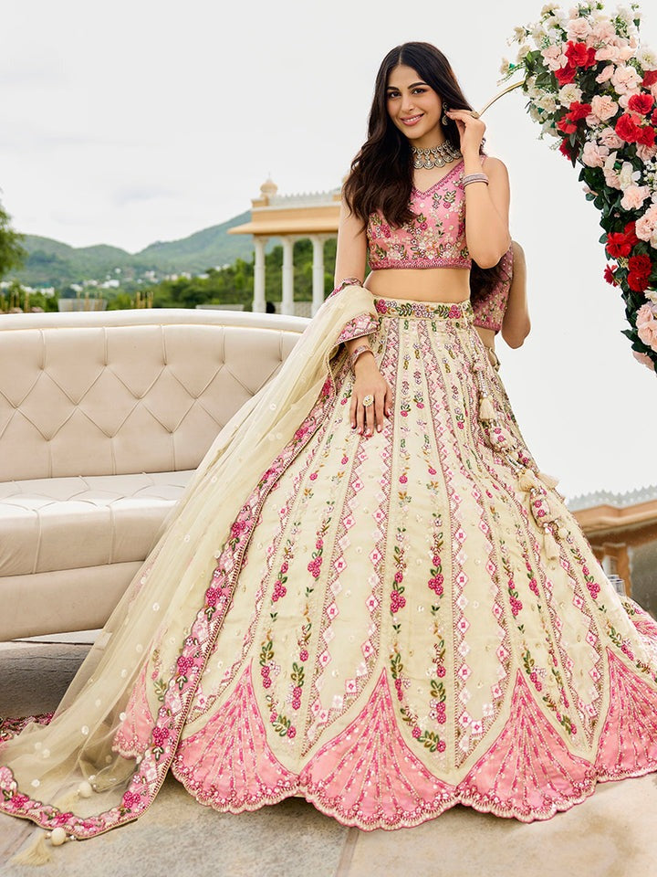 Pink Green Sequins embroidery Tissue Lehenga 6113