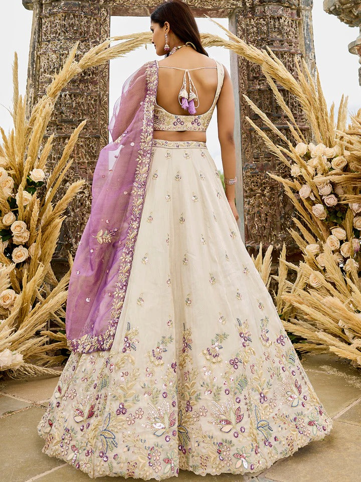 White Purple Lavender Tissue Fabric Sequins Thread & Embroidery White Lehenga