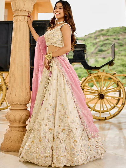 Tissue Fabric Beads & Sequence Embroidered Pink Lehenga Choli & Dupatta