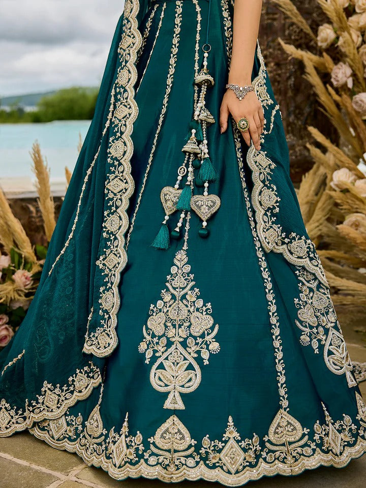 Silk Fabric Beads & Sequins Green Embroidery Lehenga Choli Silk Fabric Beads & Sequins Green Embroidery Lehenga Choli