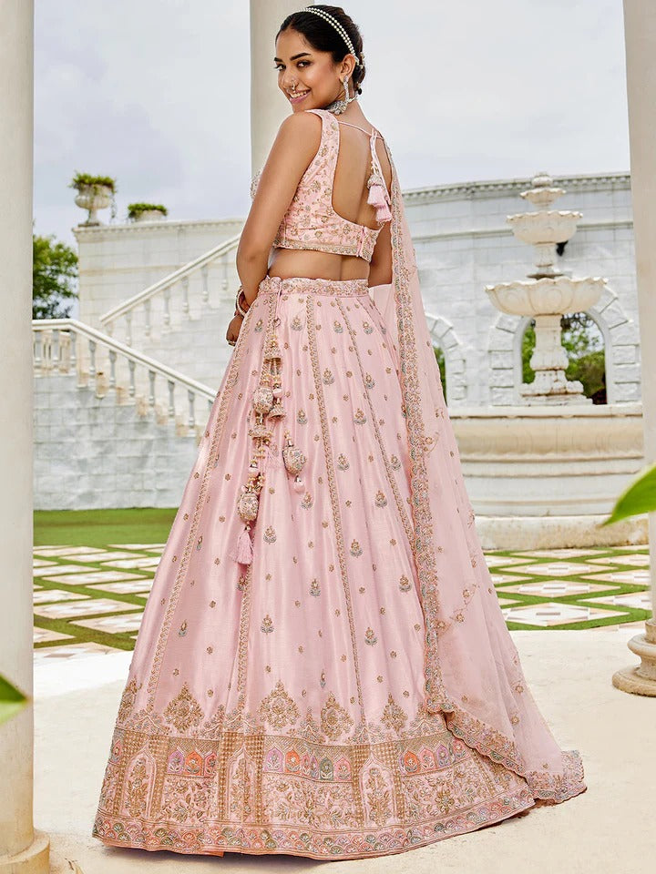 Silk Fabric Beads & Sequence Embroidered Light pink Lehenga Choli