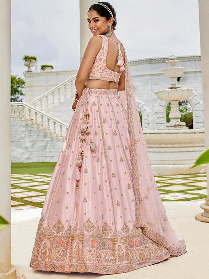 Silk Fabric Beads & Sequence Embroidered Light pink Lehenga Choli