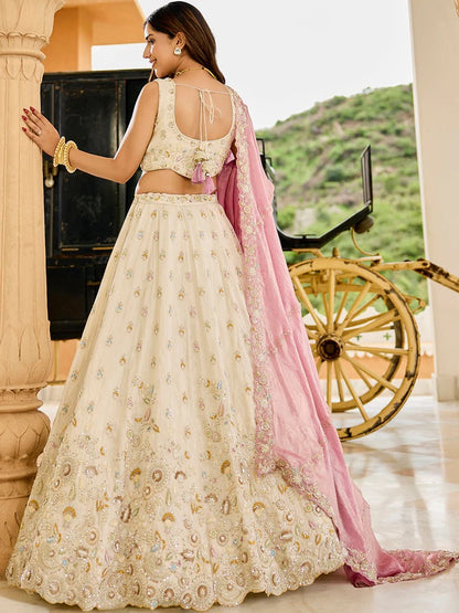 Tissue Fabric Beads & Sequence Embroidered Pink Lehenga Choli & Dupatta