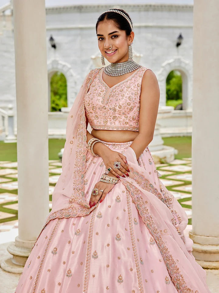 Silk Fabric Beads & Sequence Embroidered Light pink Lehenga Choli