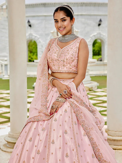 Silk Fabric Beads & Sequence Embroidered Light pink Lehenga Choli