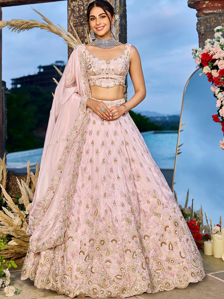 Tissue Fabric Beads & Sequence Embroidered Pink Lehenga Choli & Dupatta