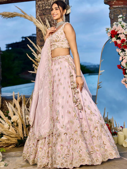 Tissue Fabric Beads & Sequence Embroidered Pink Lehenga Choli & Dupatta
