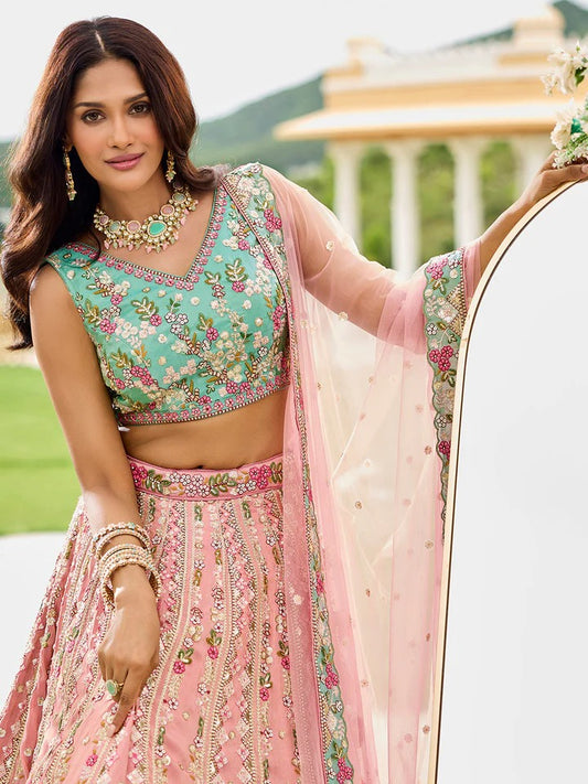 Pink Green Sequins embroidery Tissue Lehenga 6113