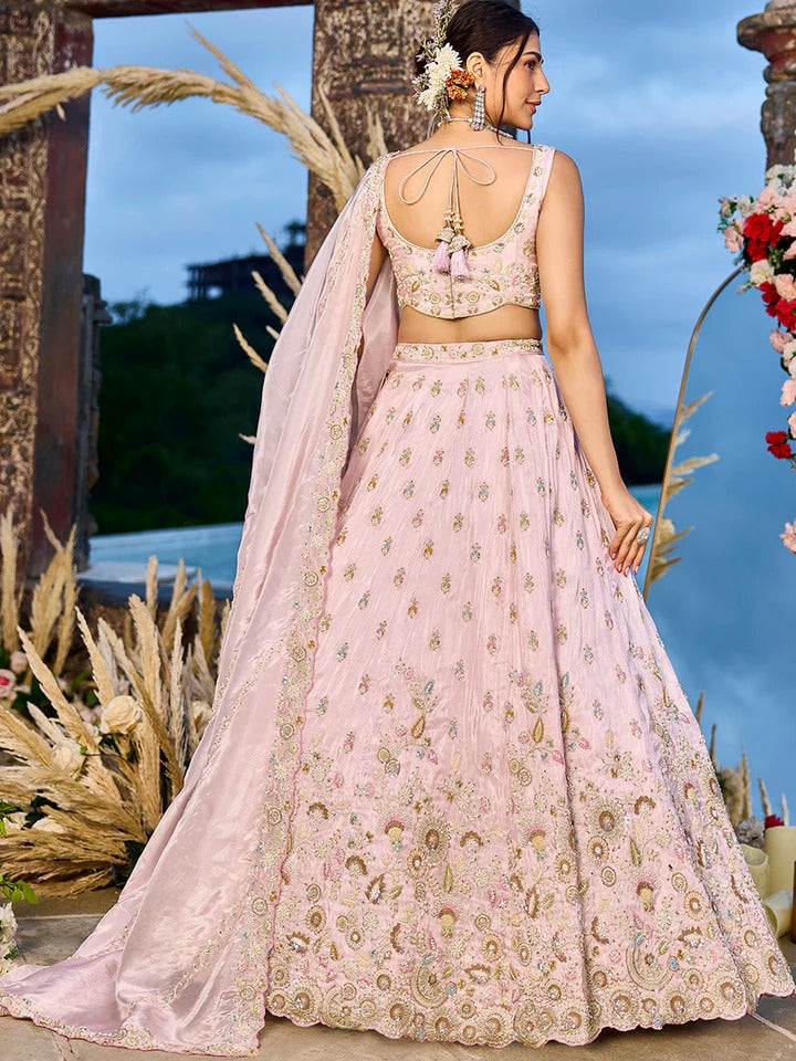 Tissue Fabric Beads & Sequence Embroidered Pink Lehenga Choli & Dupatta