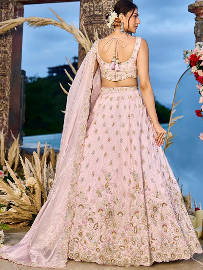 Tissue Fabric Beads & Sequence Embroidered Pink Lehenga Choli & Dupatta